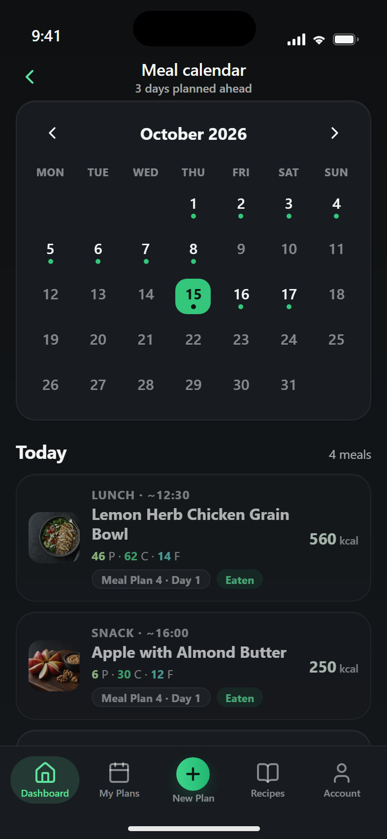 Meal calendar screen: a month grid with planned days marked and the selected day's meals listed