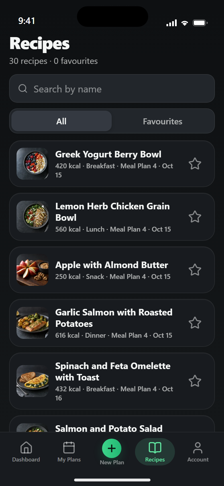 Recipes screen: a searchable list of every recipe, with a star to mark favourites